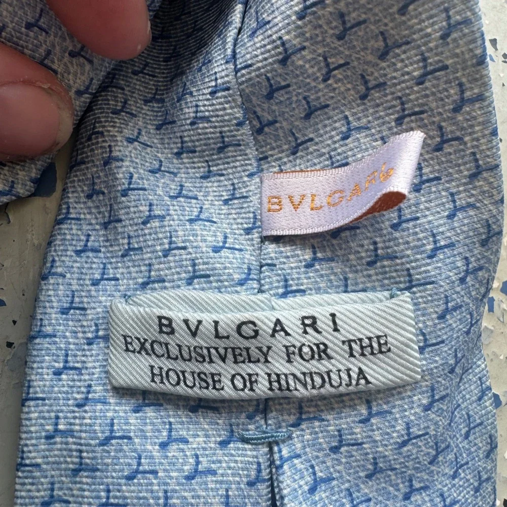 Bvlgari Silk Tie Mens Blue Geometric Pattern Exclusively for House of Hinduja